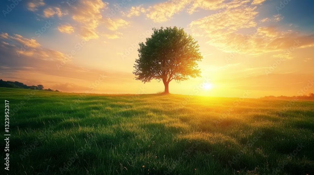 Obraz premium Serene Sunset Over Lone Tree in Vibrant Green Meadow Landscape