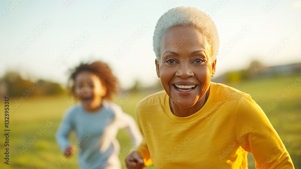Elderly woman enjoying time outdoors, smiling grandmother playing with happy toddler in a sunny field, joyful family moment.