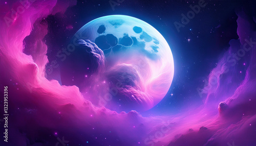 Beautiful bright big full moon with nebula and stars background in space galaxy