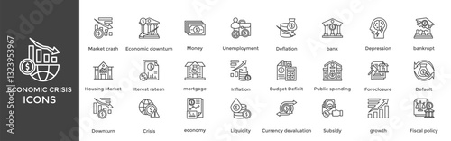 ECONOMIC CRISIS icon set. Containing Market crash, Economic downturn, Money, Unemployment, Deflation