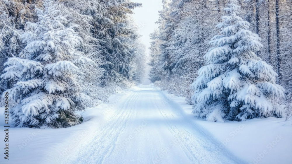 Fototapeta premium Snow-covered sled trail winds through dense winter forest showcasing serene beauty of nature