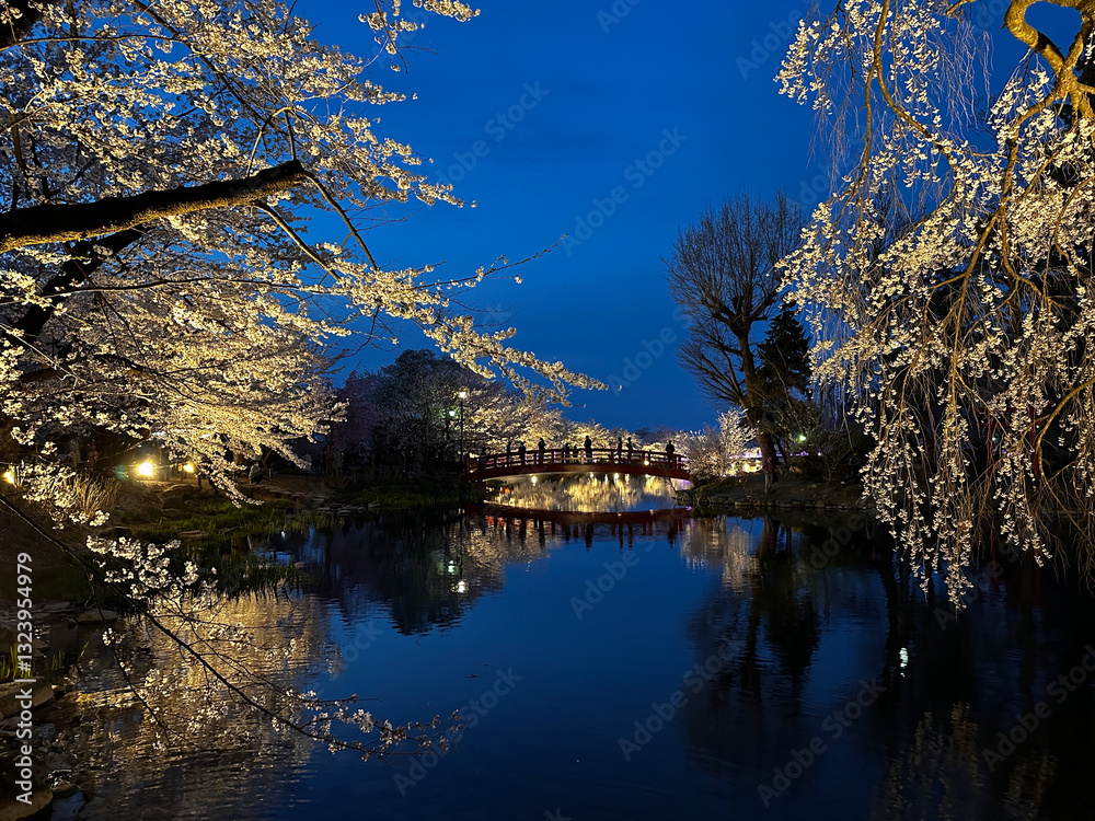 Illuminated Cherry Blossoms and Red Bridge at Twilight
