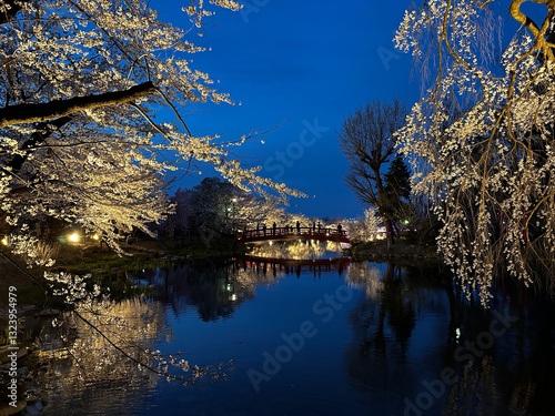 Obraz na płótnie Illuminated Cherry Blossoms and Red Bridge at Twilight w salonie