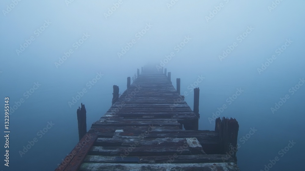 Obraz premium Foggy Pier Over Water in Mysterious Foggy Atmosphere at Dusk