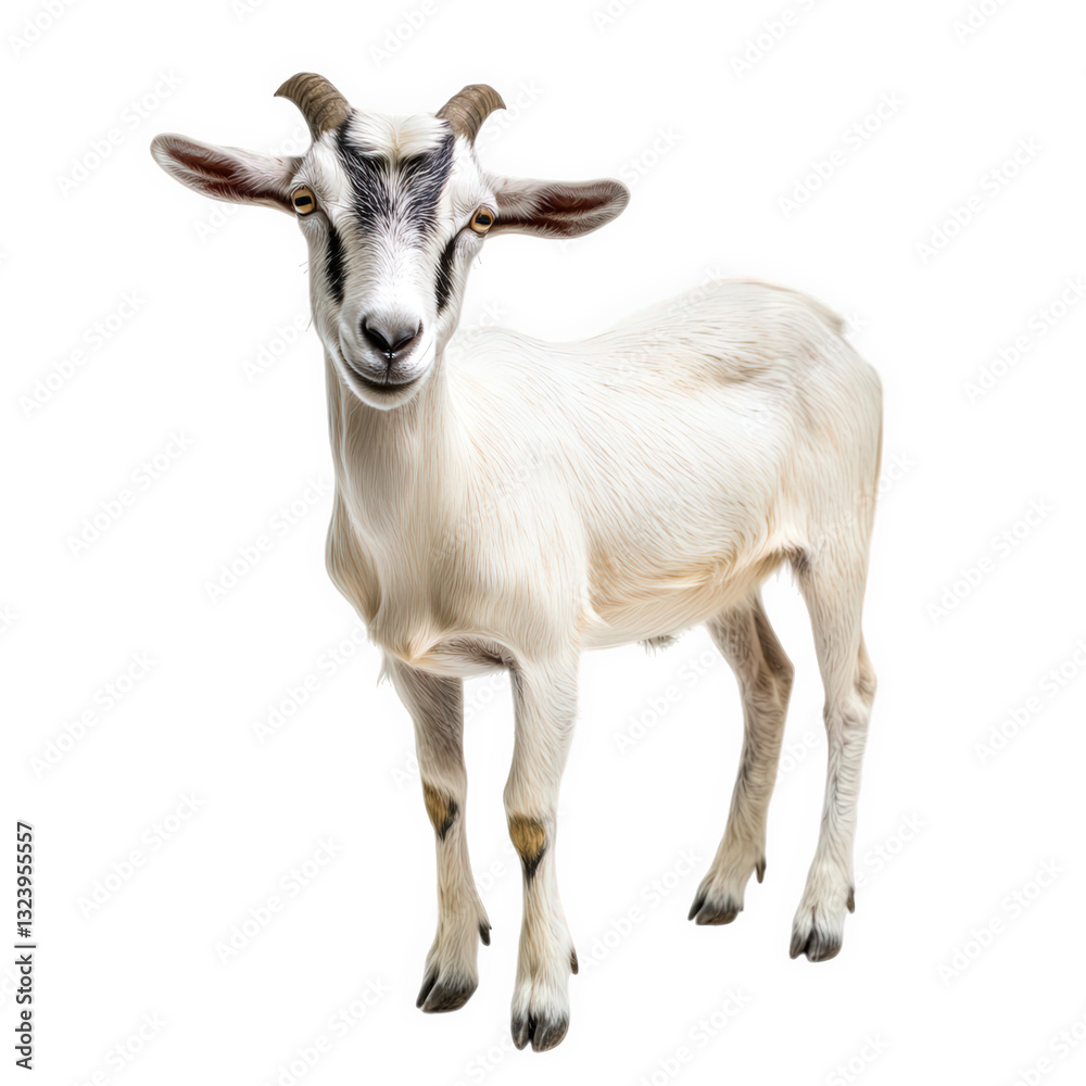 a standing white goat with black markings showcasing its playful and curious nature. goat's distinctive features against a clean background a standing white goat with black markings showcasing its playful and curious nature. goat's distinctive features against a clean background