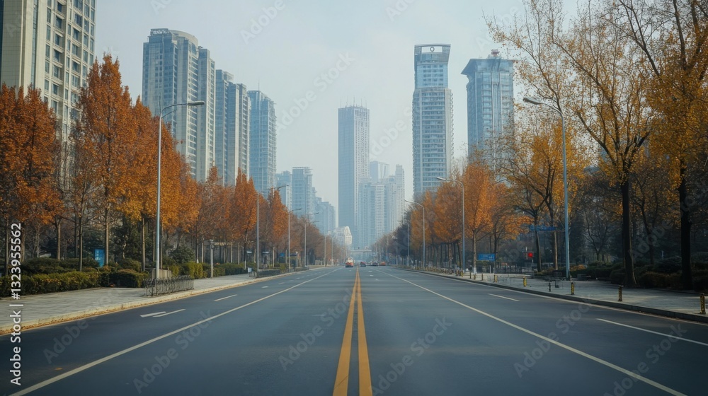 Empty City Street with Skyscrapers and Autumn Trees Empty City Street with Skyscrapers and Autumn Trees