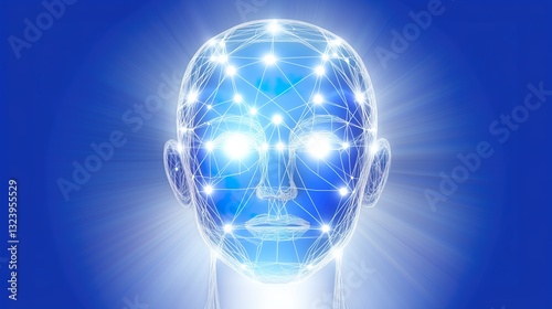 Glowing digital human head with neural network connections and bright light effects on blue background