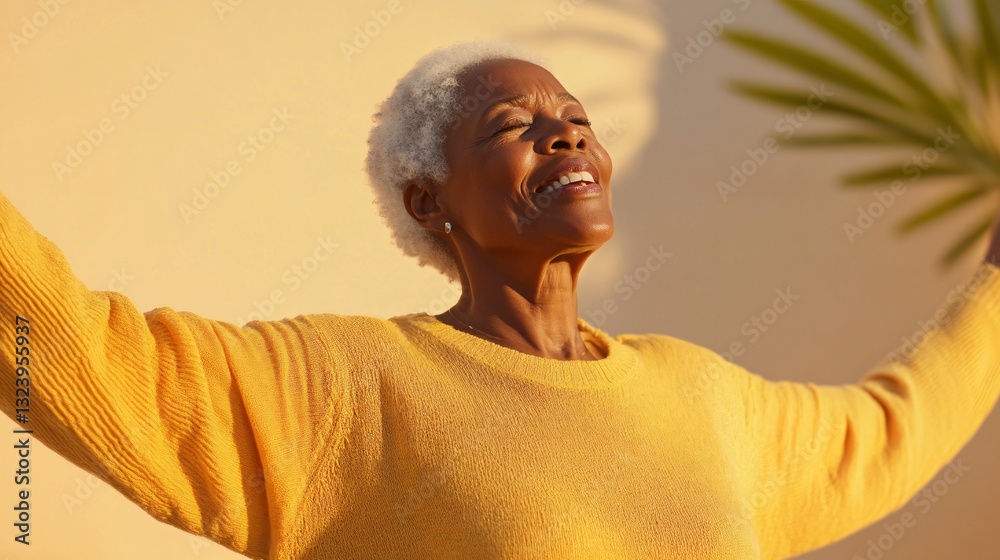 Obraz premium Joyful woman embracing sunlight, smiling with arms outstretched, wearing a cozy yellow sweater, vibrant and uplifting atmosphere.