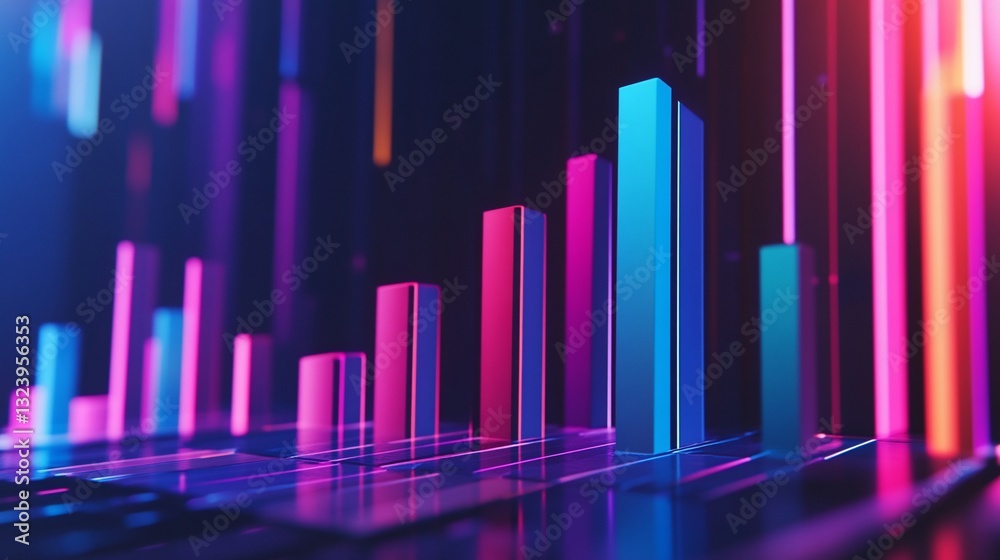 Fototapeta premium Neon Glow: Abstract 3D Bar Chart, vibrant colors, futuristic data visualization, growth, progress, technology, digital art, innovation, success, financial chart