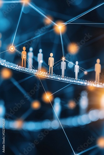 A global network shown through human figures on different continents connected by digital bridges.