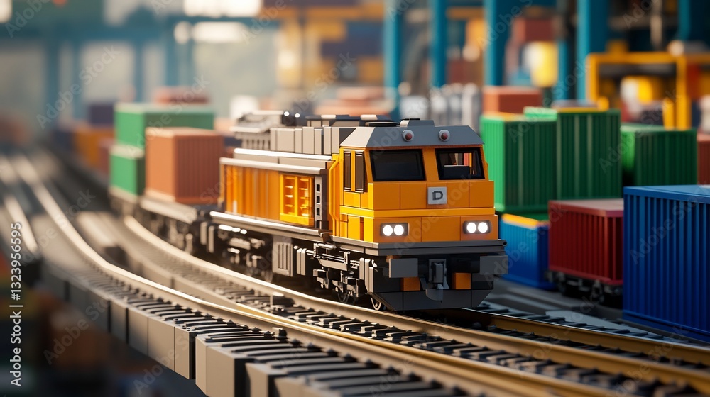 Naklejka premium Cargo train, port, containers, transportation, logistics, industry, rail, shipping, sunrise, model