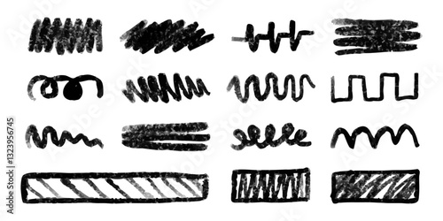 Coal s scribbles, drawn with black charcoal, crayon texture, freehand graphic for decoration. Stickers, design elements, hand drawing. Vector illustration.