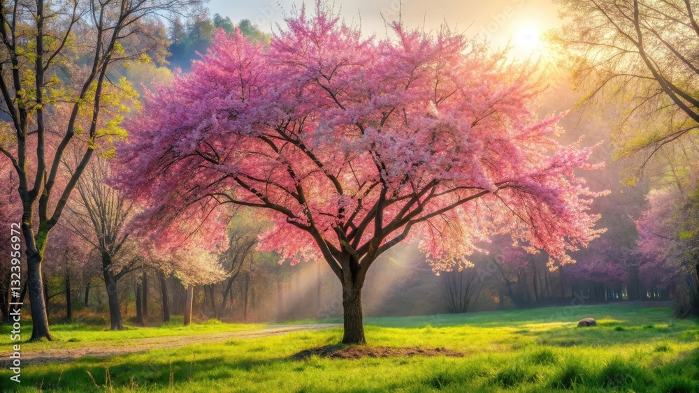A vibrant pink cherry blossom tree stands alone in a serene forest landscape with soft sunlight filtering through its delicate petals, nature, blossoming flowers A vibrant pink cherry blossom tree stands alone in a serene forest landscape with soft sunlight filtering through its delicate petals, nature, blossoming flowers