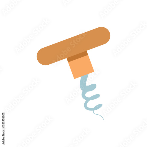 Flat vector illustration of a simple corkscrew with wooden handle for opening wine bottles