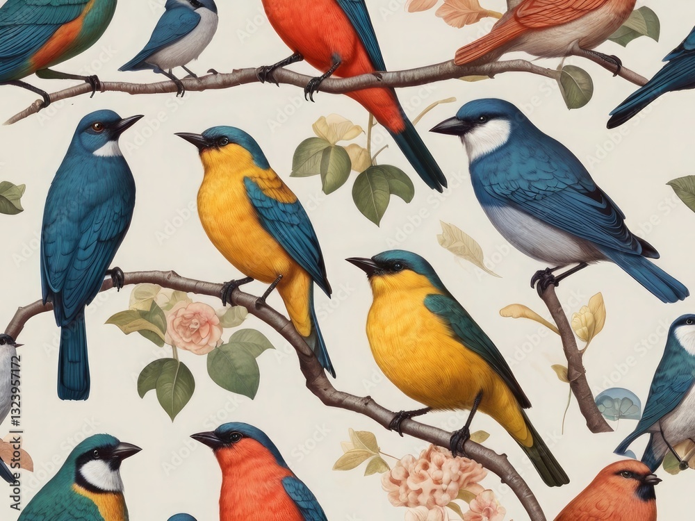 Obraz premium A Vibrant Tapestry Of Exotic Birds Perched Delicately On Blossoming Branches, Showcasing A Harmonious Blend Of Rich Jewel Tones And Soft Natural Light