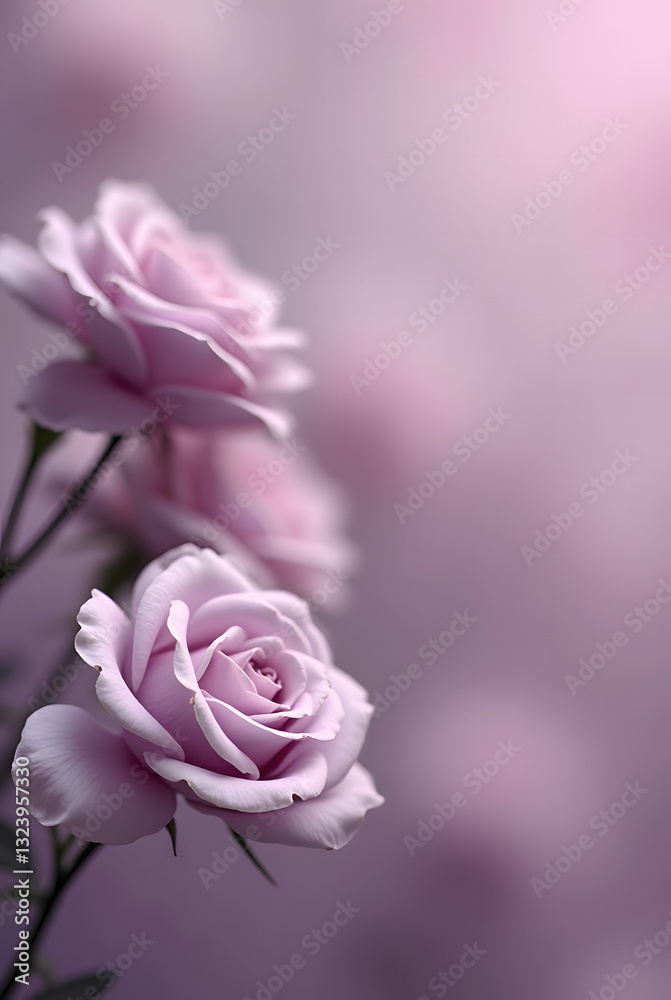 Fototapeta premium Soft-focus lilac background with a close-up of delicate dusty purple roses, creating a dreamy and elegant copy space for versatile creative use.