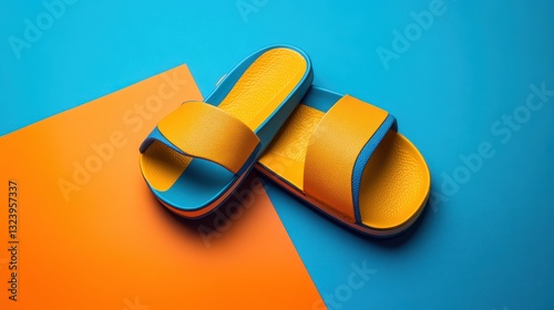A pair of bright yellow slide sandals, adorned with vibrant blue and orange accents, lay innocently on a bold blue and orange background, inviting the wearer to embrace the joy of carefree summer