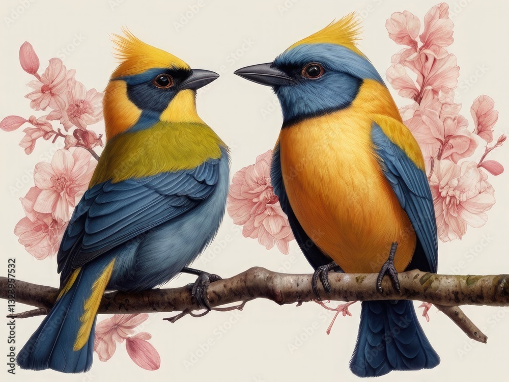 Obraz premium Two Vibrant Birds Perched On A Branch Amidst Delicate Pink Blossoms, Showcasing Their Brilliant Yellow And Blue Plumage In A Serene Spring Setting