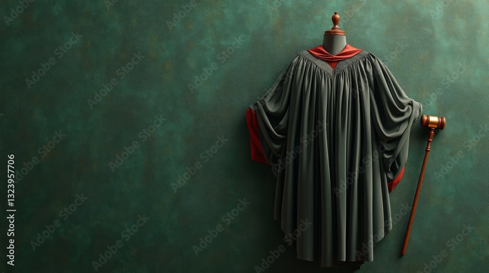 Naklejka premium A judge's robe with a gavel on a plain courtroom-style background 