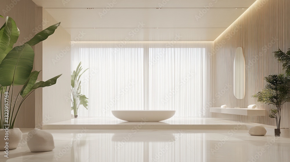 Fototapeta premium Minimalist sanctuary, tranquil indoor spa featuring botanical accents and soft lighting