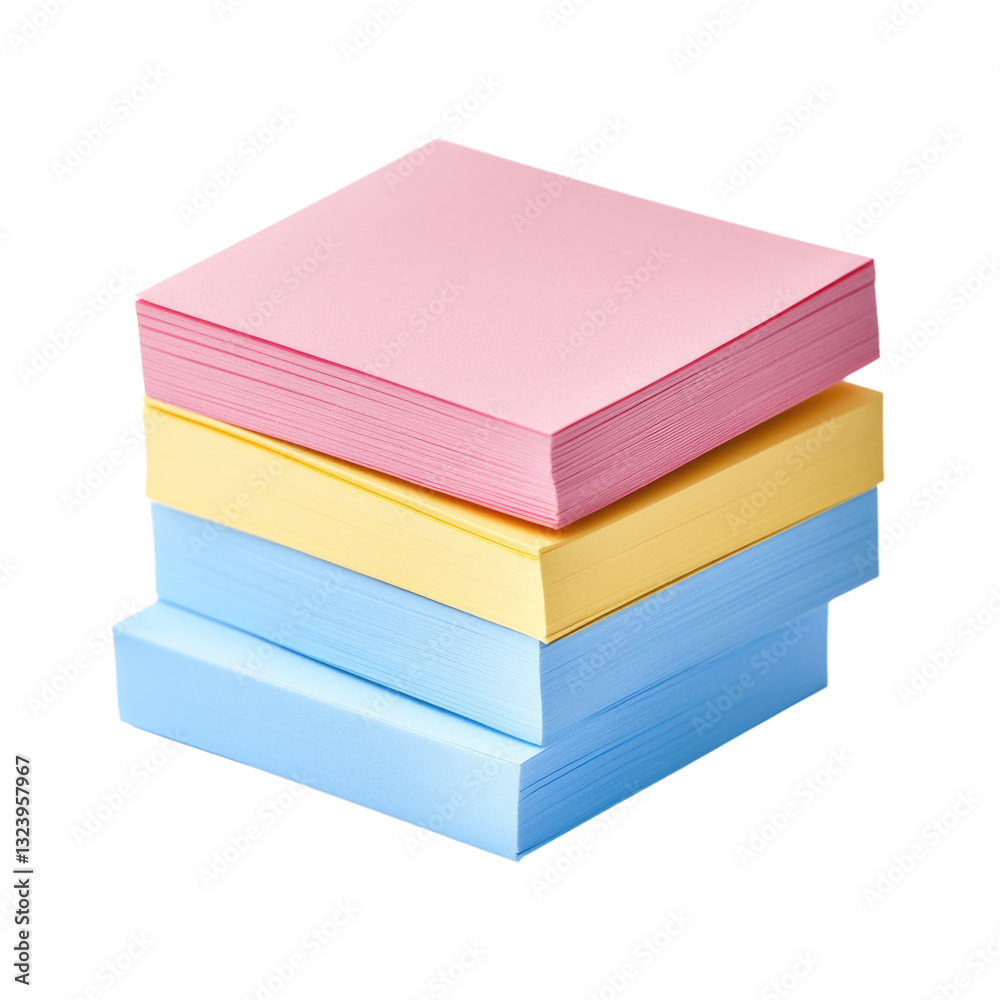 Colorful stack of sticky notes in pink, yellow, and blue arranged neatly on a white surface, cutout png Colorful stack of sticky notes in pink, yellow, and blue arranged neatly on a white surface, cutout png