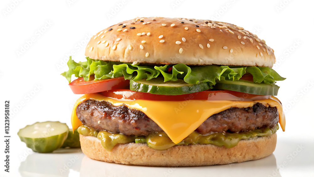 Classic Cheeseburger with Melting Cheddar, Fresh Lettuce, Tomatoes, Pickles, and Juicy Beef Patty on a Sesame Seed Bun, Served on a Clean White Background with Extra Pickles on the Side Classic Cheeseburger with Melting Cheddar, Fresh Lettuce, Tomatoes, Pickles, and Juicy Beef Patty on a Sesame Seed Bun, Served on a Clean White Background with Extra Pickles on the Side