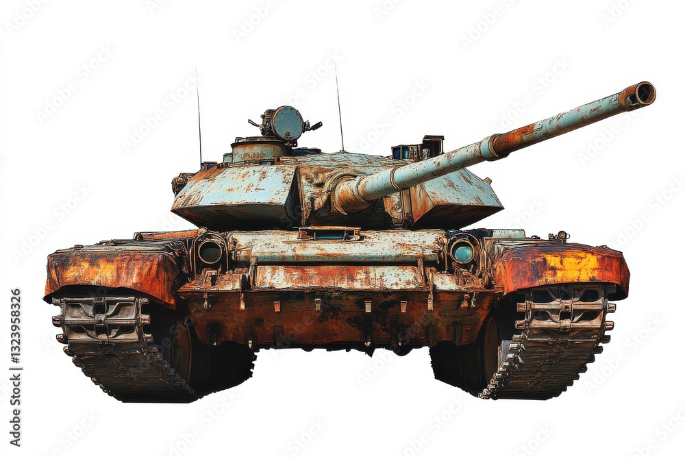 Rust-covered tank captured in eccentric detail against a bright white backdrop isolated on transparent background Rust-covered tank captured in eccentric detail against a bright white backdrop isolated on transparent background