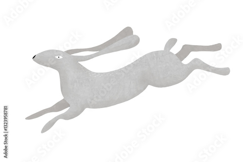 Cute Gray Rabbit Jumping Happily. Funny Gray Bunny on a White Background. Easter Vector Card with Happy Hand Drawn Rabbit. Kids' Room Decoration with Lovely Running Hare. No Text.
