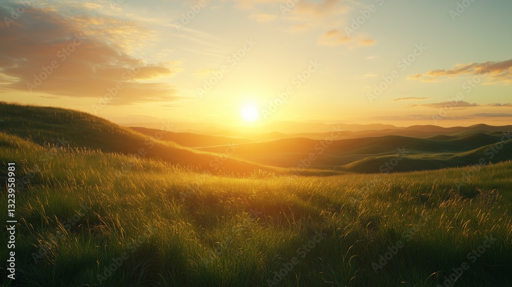 Fototapeta premium A bright golden sunrise over rolling hills with green grass and a clear blue sky