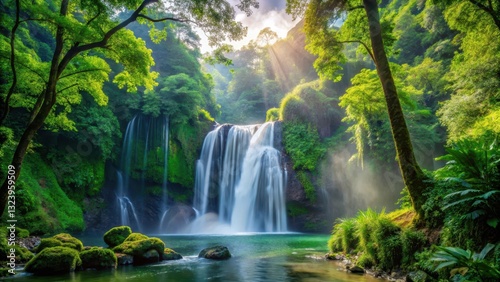 waterfall cascades through dense foliage amidst towering trees and vibrant greenery , natural wonderland, majestic waterfalls