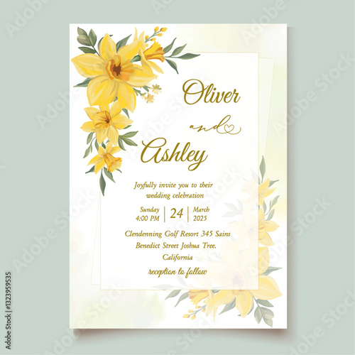Beautiful and elegant spring wedding invitation template with yellow daffodil flowers
