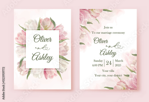 Set of Elegant floral Wedding invitation Template with spring pink tulips
