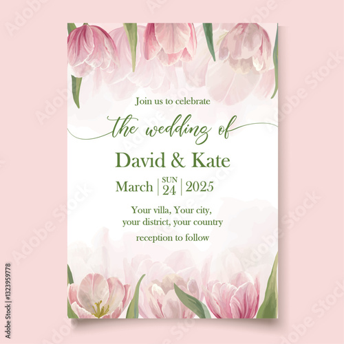 Wallpaper Mural Elegant pink wedding invitation template with spring delicate tulips Torontodigital.ca