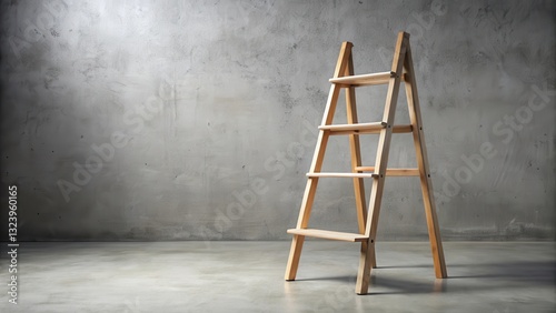 Wooden stepladder with three steps and a flat top surface on a gray concrete floor, isolation, ladder