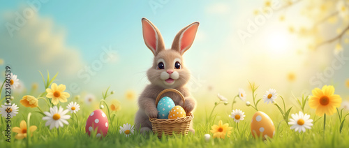 Adorable Easter Bunny Carrying a Colorful Egg Basket in a Vibrant Flowering Meadow Under Bright Spring Skies, Symbolizing Joy and Renewal