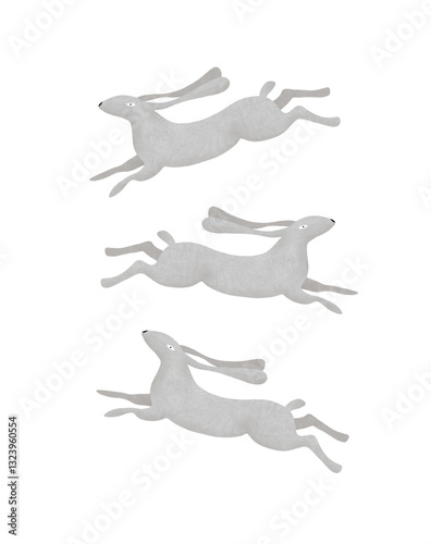 3 Cute Gray Rabbits Jumping Happily Around Each Other. Funny Gray Bunnies on a White Background. Easter Vector Card with Happy Hand Drawn Rabbits. Kids' Room Decoration with Lovely Hares. No Text.