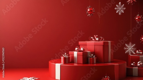 Red Christmas Gift Boxes and Decorations on Red Platform