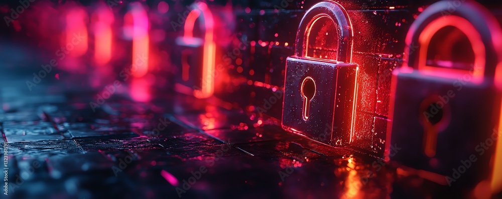 Futuristic network with glowing digital locks, representing cyber resilience, secure data connections, advanced encryption, hightech design, vibrant colors, 8K render Futuristic network with glowing digital locks, representing cyber resilience, secure data connections, advanced encryption, hightech design, vibrant colors, 8K render