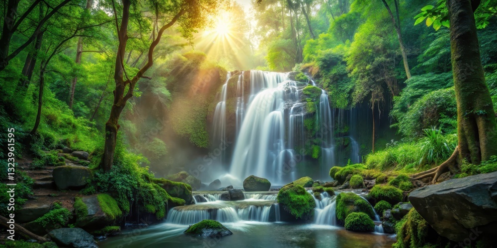 waterfall in the lush forest surrounded by greenery and rocks in the misty atmosphere with sunlight filtering through the trees, outdoors, scenery waterfall in the lush forest surrounded by greenery and rocks in the misty atmosphere with sunlight filtering through the trees, outdoors, scenery