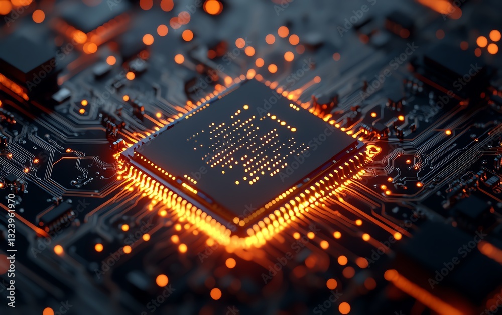 Microchip with intricate circuit board design, glowing AI neural connections, symbolizing advanced machine learning and AI technology, hyperrealistic, vibrant colors, 8K resolution Microchip with intricate circuit board design, glowing AI neural connections, symbolizing advanced machine learning and AI technology, hyperrealistic, vibrant colors, 8K resolution