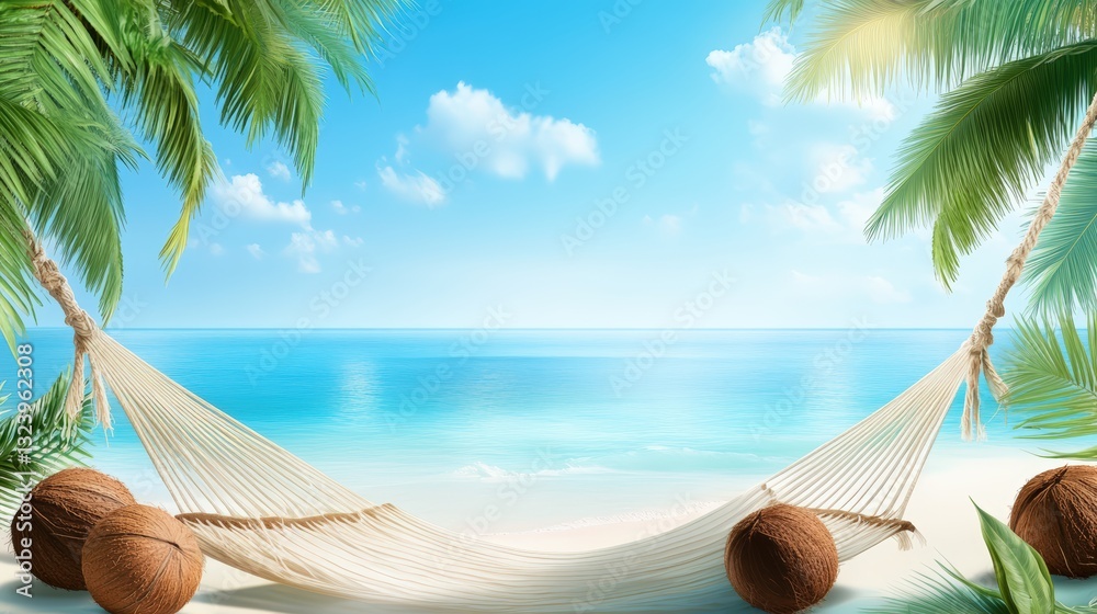 Escape to Paradise: A tranquil scene unfolds, as a hammock sways gently between swaying palm trees on a sun-kissed beach, with inviting turquoise waters meeting a clear sky.