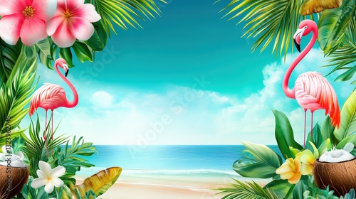 Paradise Frame: Tropical Scene with Flamingos, framing a vibrant beach scene, and two elegant flamingos poised amidst lush foliage, evokes a sense of peace and tropical paradise.