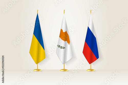 Diplomatic Meeting Representation, Ukraine, Cyprus and Russia Flags. Flags on Diplomatic Stands.