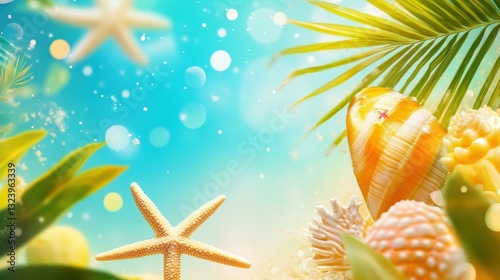 Summer Paradise: A vibrant depiction of summer, complete with starfish, seashells, palm leaves, and sunlit sand, creating an inviting and relaxing vacation atmosphere. 