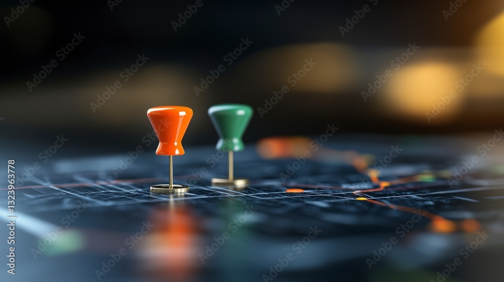 Colorful push pins on map indicating locations and destinations for travel planning and navigation in an urban setting Colorful push pins on map indicating locations and destinations for travel planning and navigation in an urban setting