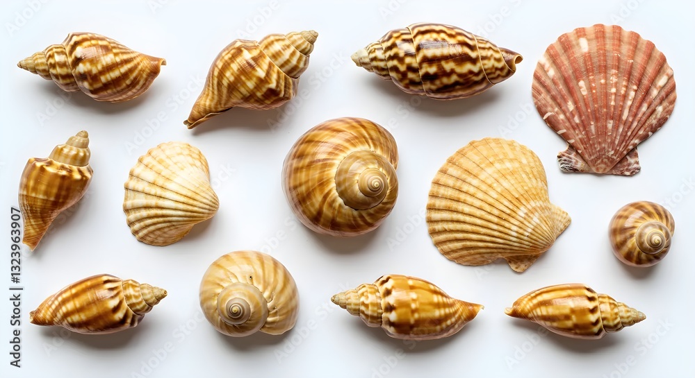 Seashell Collection Arranged on White Background | Beach Souvenir Display
Seashell Collection Arranged on White Background | Beach Souvenir Display