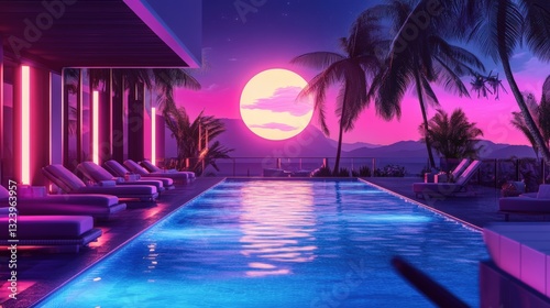 Sunset Poolside Paradise: An inviting and atmospheric image of a swimming pool at dusk, reflecting the vibrant colors of a tropical sunset, creating a serene and luxurious escape.