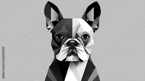 geometric, minimalist illustration of a dog, likely a French Bulldog or Boston Terrier, created using simple shapes and a monochromatic color palette