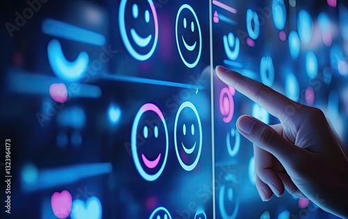 Interactive feedback system with glowing emojis. A hand touches a digital screen displaying various smiley faces and related metrics.  Visual representation of user satisfaction