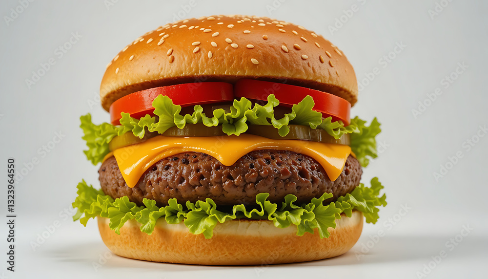 Perfectly Assembled Cheeseburger with Juicy Beef Patty, Melted Cheese, Crisp Lettuce, Sliced Tomatoes, and Pickles on a Golden Sesame Seed Bun, Presented Against a Minimalist White Background Perfectly Assembled Cheeseburger with Juicy Beef Patty, Melted Cheese, Crisp Lettuce, Sliced Tomatoes, and Pickles on a Golden Sesame Seed Bun, Presented Against a Minimalist White Background